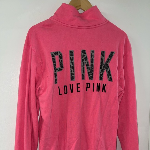PINK Victoria's Secret Sweaters - hot pink Victoria’s Secret 3/4 zip sweatshirt with grey leopard “LOVE PINK”